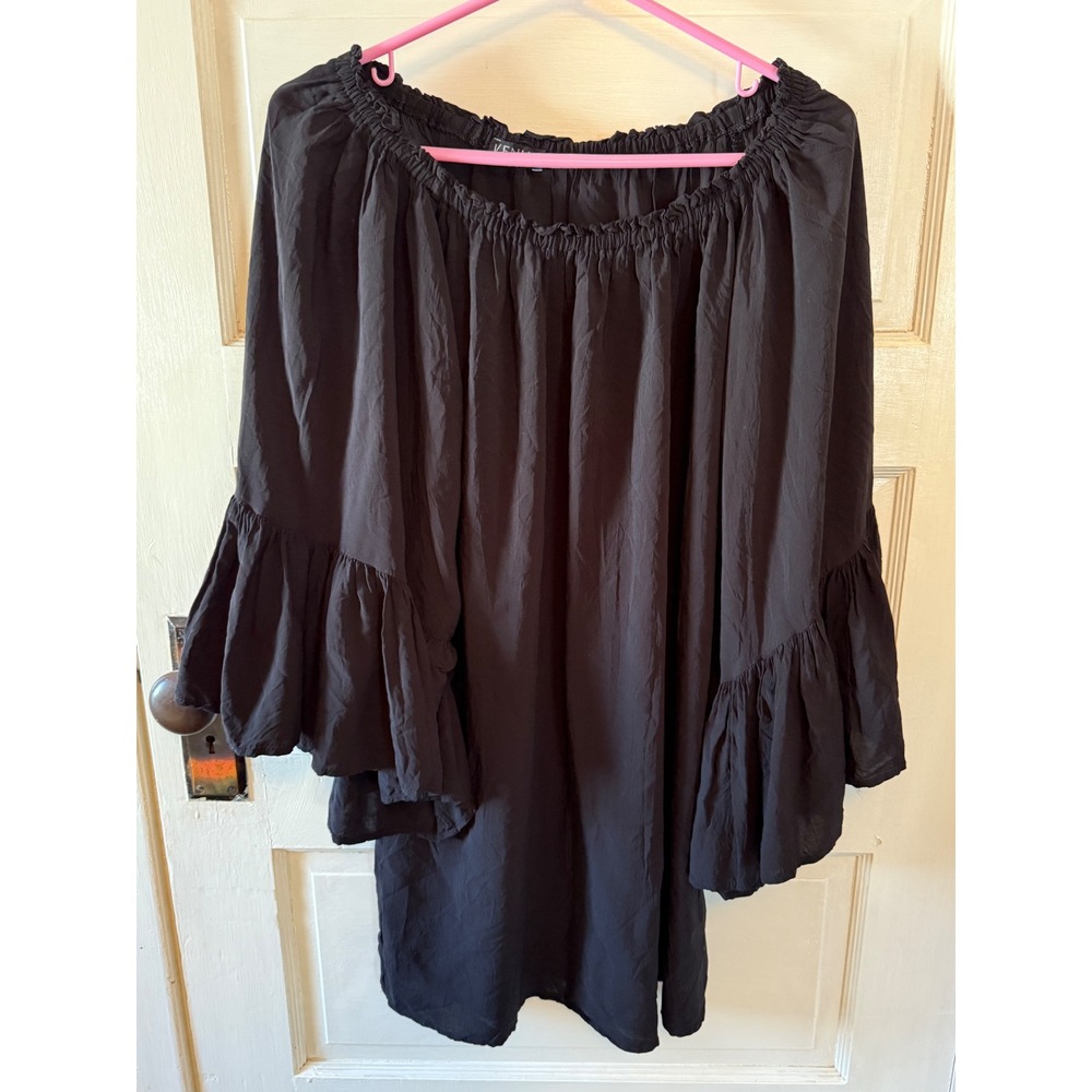 Venus Black Off Shoulder Bell Sleeve‎ Crinkle Gauze Tunic Top One Size